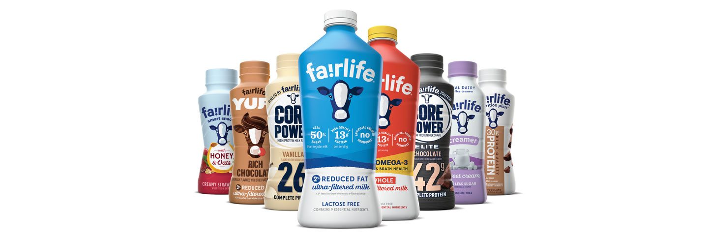 La gamme de produits laitiers fairlife en bouteilles de différentes saveurs